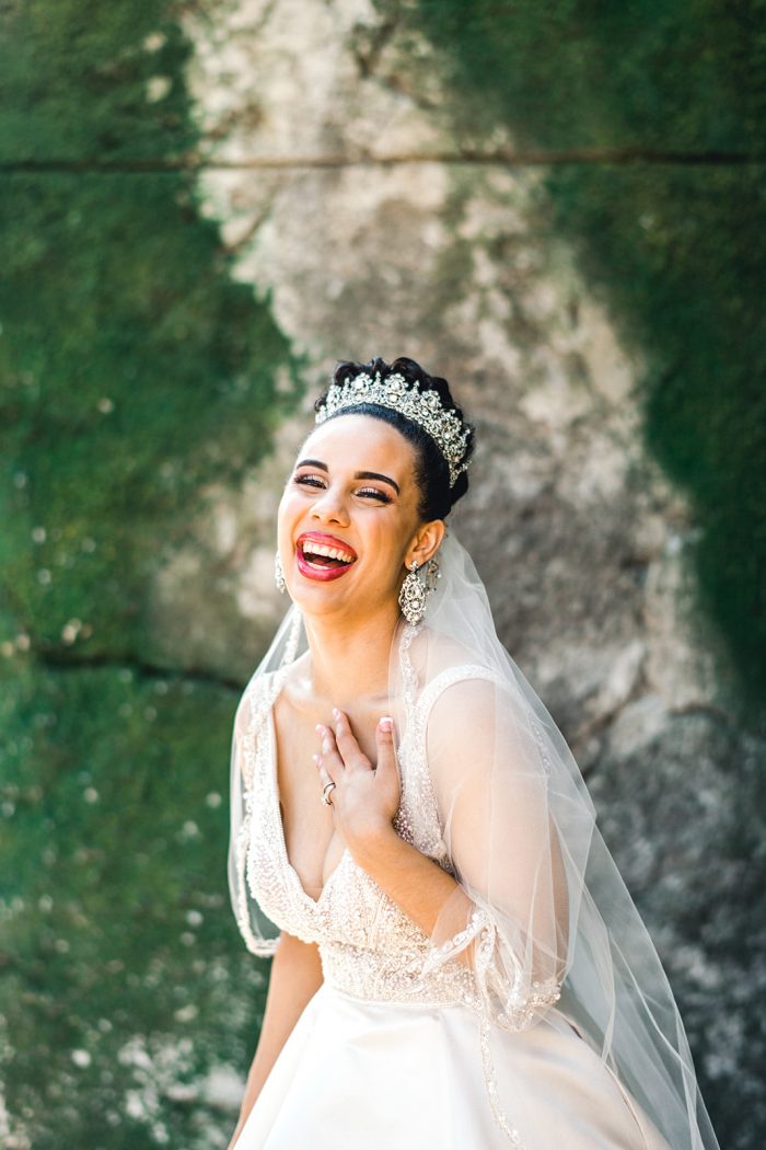 Real Bride Wearing Diamond Crown with Wedding Updo and Satin Ball Gown Wedding Dress Called Mylene by Maggie Sottero
