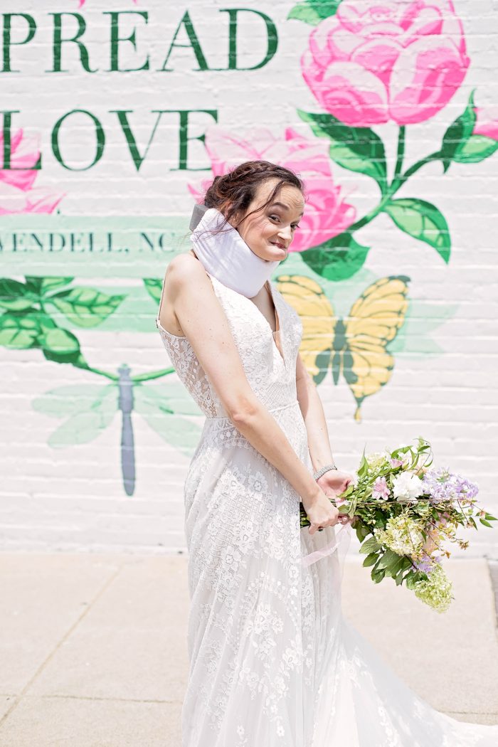 Bride With Cerebral Palsy Wearing Sexy Wedding Dress Called Keating By Rebecca Ingram