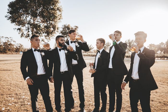 Groom with Groomsmen at Vineyard Wedding in Western Australia Wearing Black Tuxes and Bow Ties