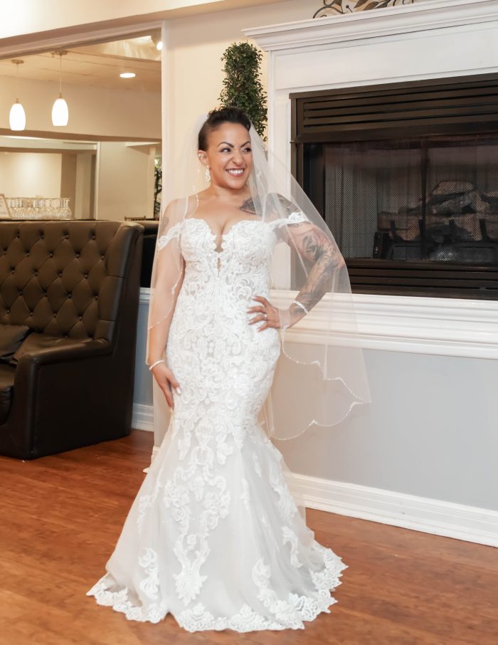 Bride In Lace Fit-And-Flare Wedding Dress Called Fiona By Maggie Sottero