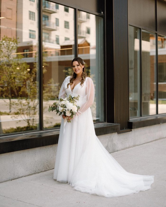 Bride In Bishop Sleeve Wedding Dress Called Joanne By Rebecca Ingram