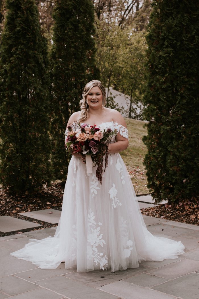 Bride Learning How To Self Love In Lace A-Line Wedding Dress Called Hattie Lane Lynette By Rebecca Ingram