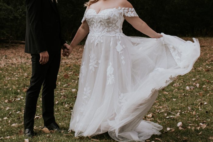Bride In Romantic A-Line Wedding Dress Called Hattie Lane Lynette By Rebecca Ingram With Groom In Classic Black Suit