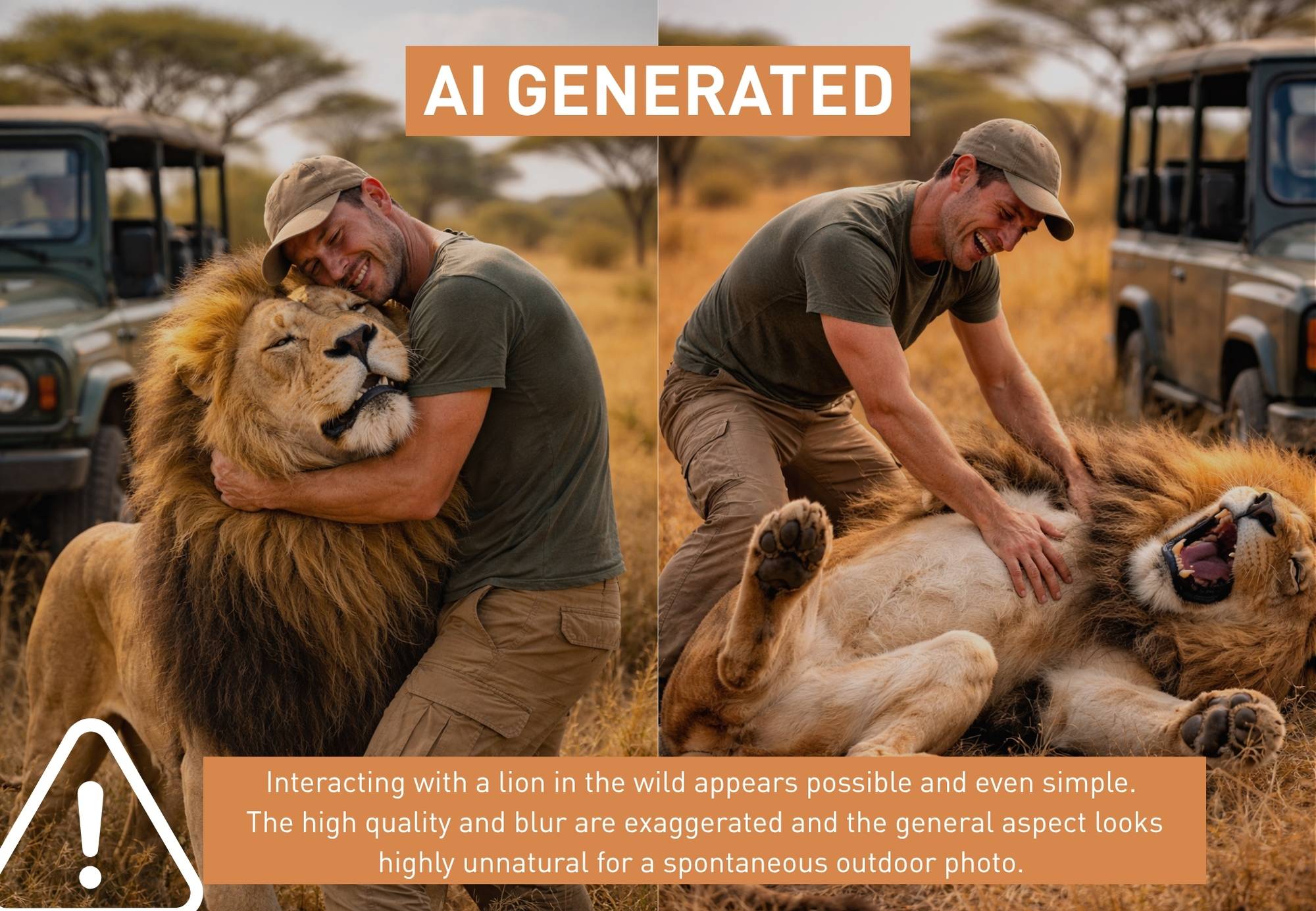 AI-generated image of a man playing with a lion AI-generated image of a man playing with a lion in Africa