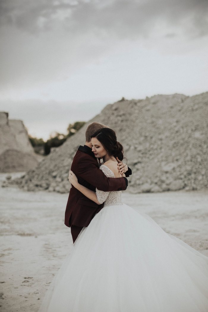Groom with Real Bride Wearing Ball Gown Wedding Dress Called Allen by Sottero and Midgley