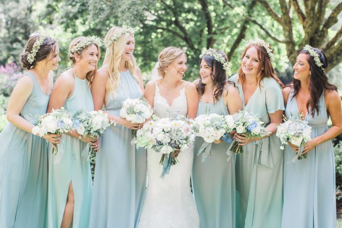 Bridesmaids with Real Brides Wearing Lace Sheath Wedding Dress at Spring Wedding