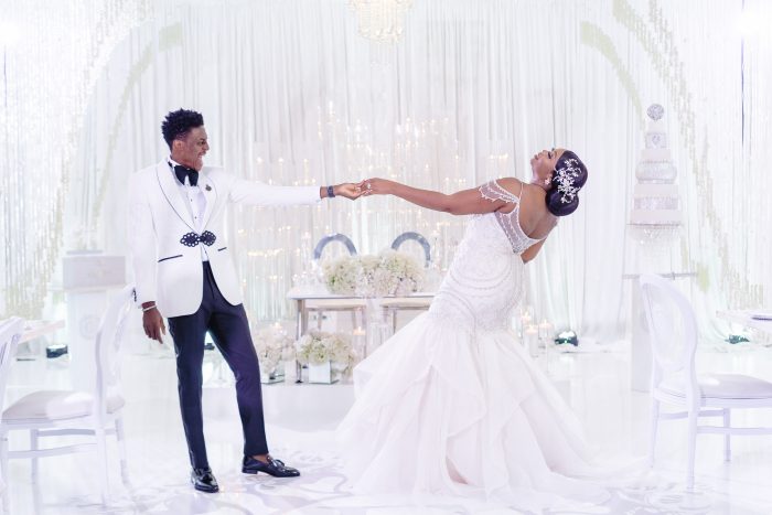 Groom Dancing with Real Bride in a Mermaid Wedding Dress at an Elysian Wedding