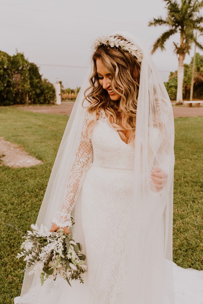 Real Bride Wearing Boho Sleeved Sheath Wedding Dress Called Antonia by Maggie Sottero