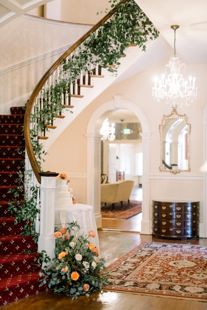 Staircase decorated with Pantone Color of the Year 2024 florals.