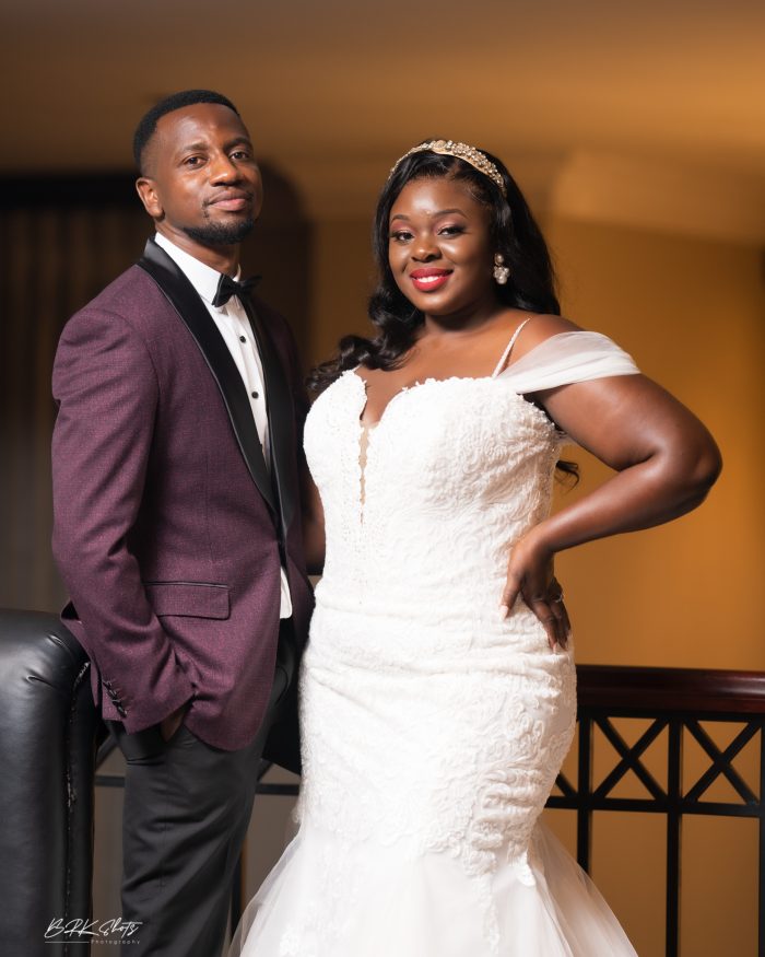 Real Curvy Bride Wearing A Mermaid Wedding Dress Called Alistaire Lynette By Maggie Sottero Standing With Husband