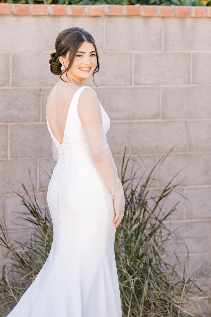 Bride In Crepe Wedding Dress With Gloves Called Fernanda By Maggie Sottero