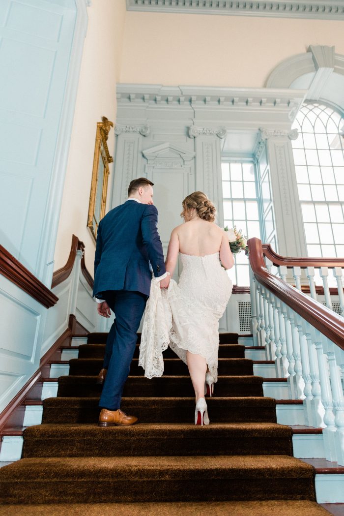 Blue Wedding Shoe Ideas from Real Bride Wearing Strapless Sheath Wedding Dress Called Hadley by Sottero and Midgley