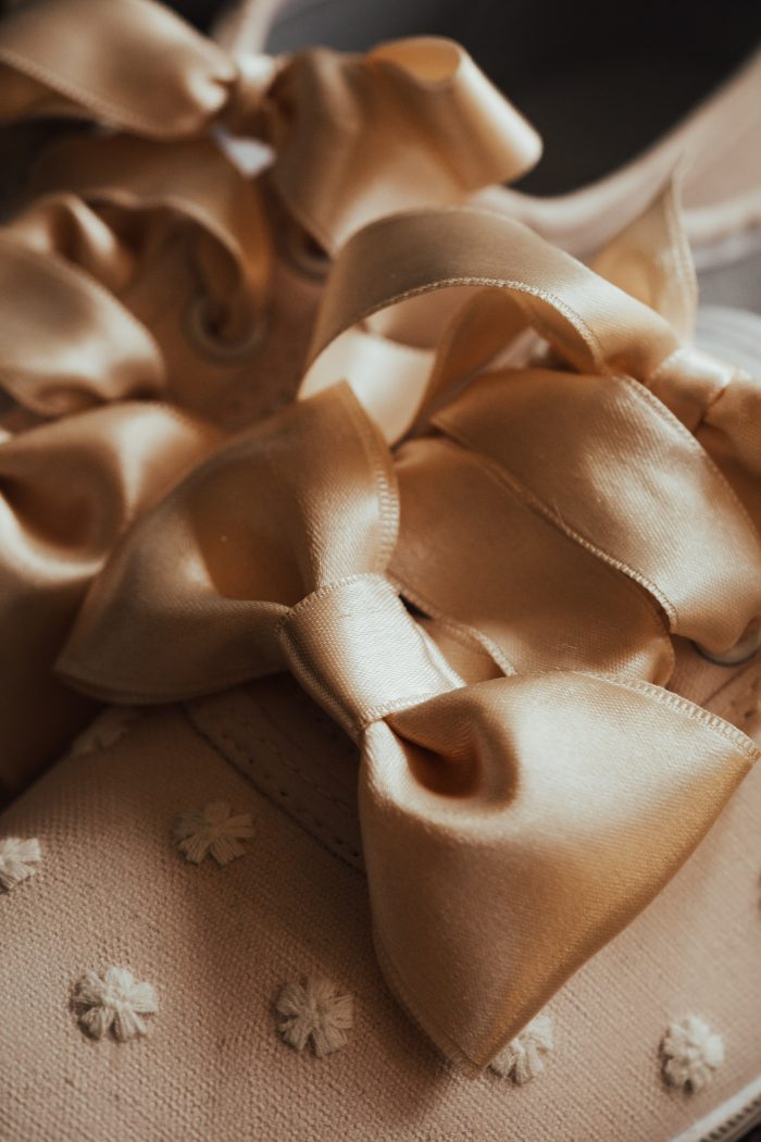 Rose Gold Polka dot laced shoes for a Rustic Woodland Destination Wedding