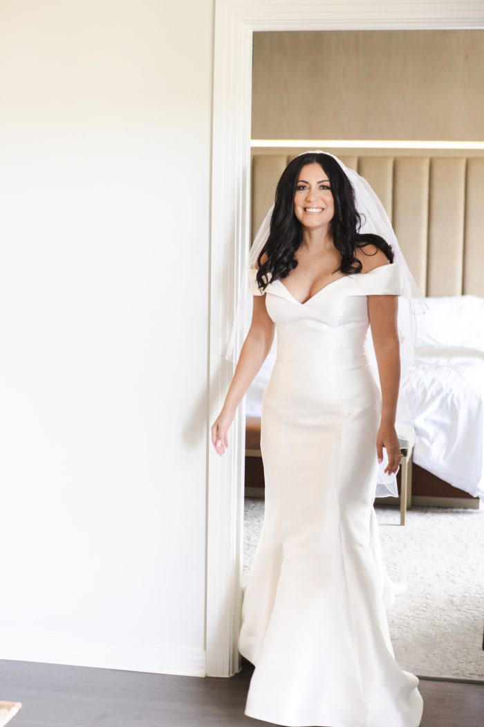 Bride In Satin Wedding Dress Called Josie By Rebecca Ingram