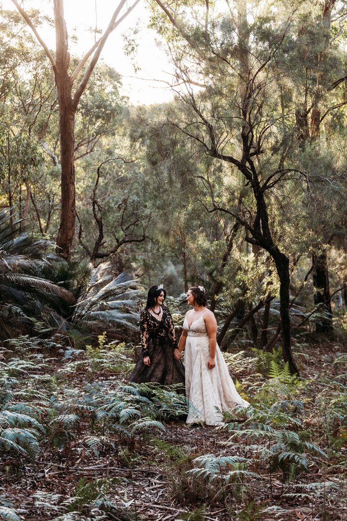 LGBTQ Brides Doing Bridal Portraits in Forest and Wearing Maggie Sottero Wedding Dresses