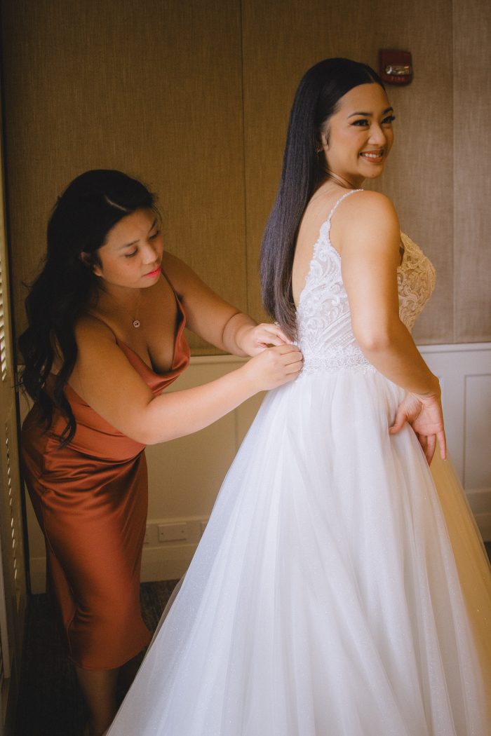 Kaye wearing Lorraine Lane Marie by Rebecca Ingram at her Hawaii nuptials