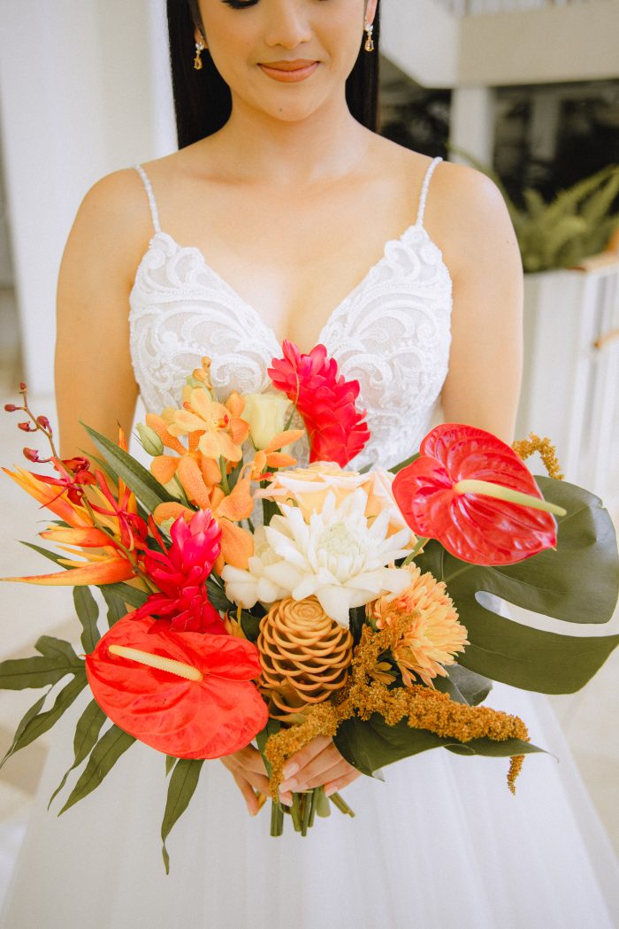 Kaye wearing Lorraine Lane Marie by Rebecca Ingram at her Hawaii nuptials