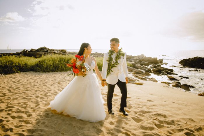 Kaye wearing Lorraine Lane Marie by Rebecca Ingram at her Hawaii nuptials