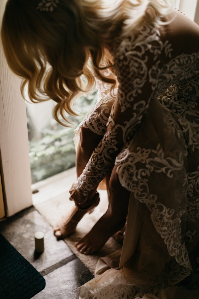 Bride Putting on Pink Strappy Heels