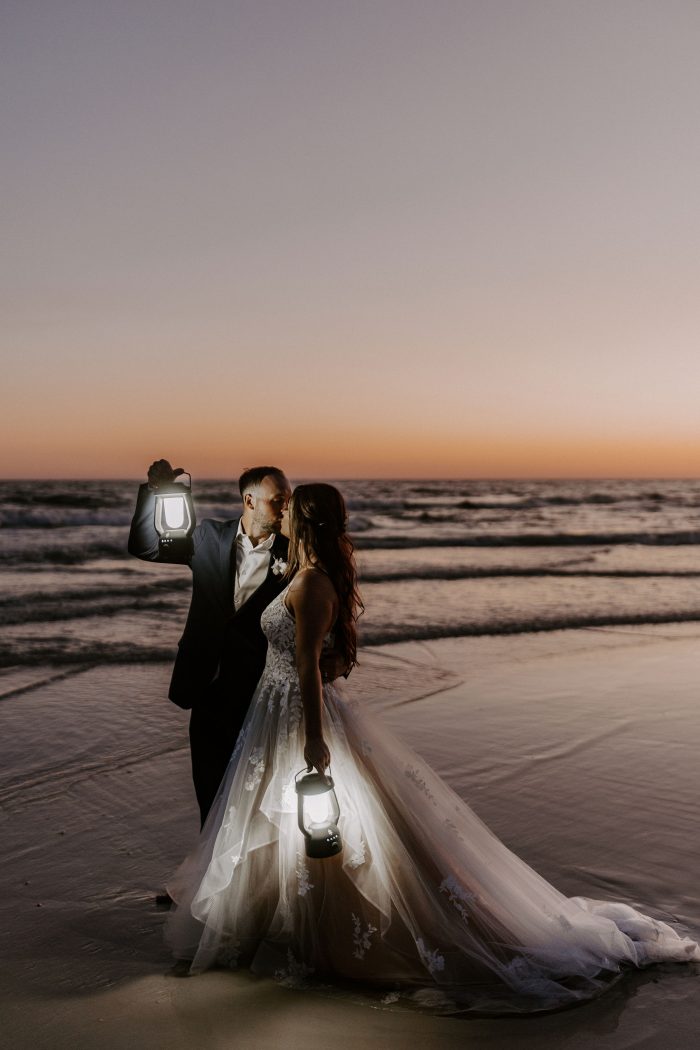 Bride wearing Lettie wedding dress by Rebecca Ingram at her destination wedding