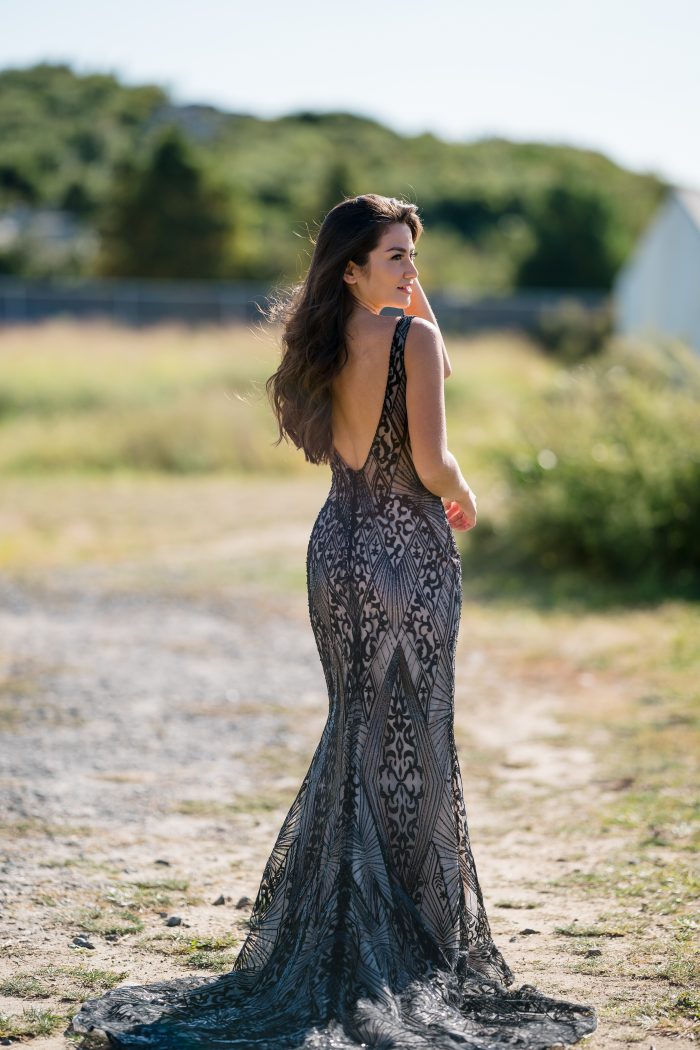 Influencer Wearing Black Art Deco Wedding Dress Called Elaine by Maggie Sottero