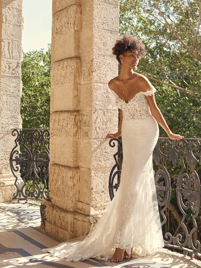 Bride Wearing Off-the-Shoulder Mermaid Wedding Gown Called Edison by Maggie Sottero