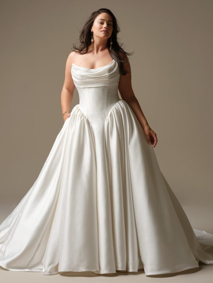 Maggie Sottero Hudson satin ballgown wedding dress with draped corset bodice and full skirt