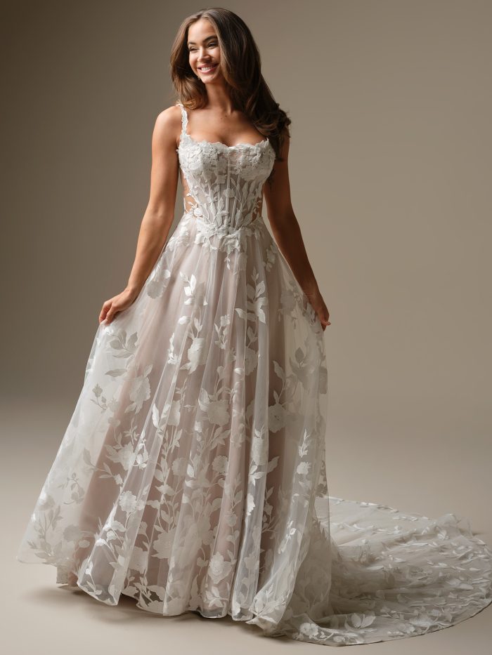 Maggie Sottero Natalie Marie floral lace A-line wedding dress with illusion corset bodice and flowing tulle skirt