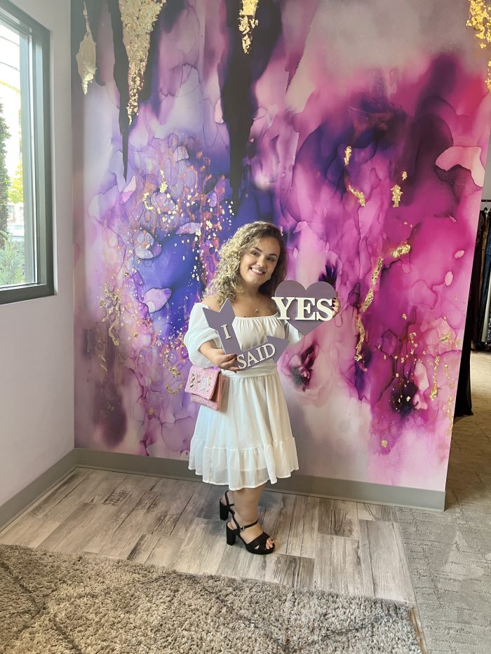 Lona after saying yes to her dream dress, an a-line wedding dress called Marvine by Sottero and Midgley