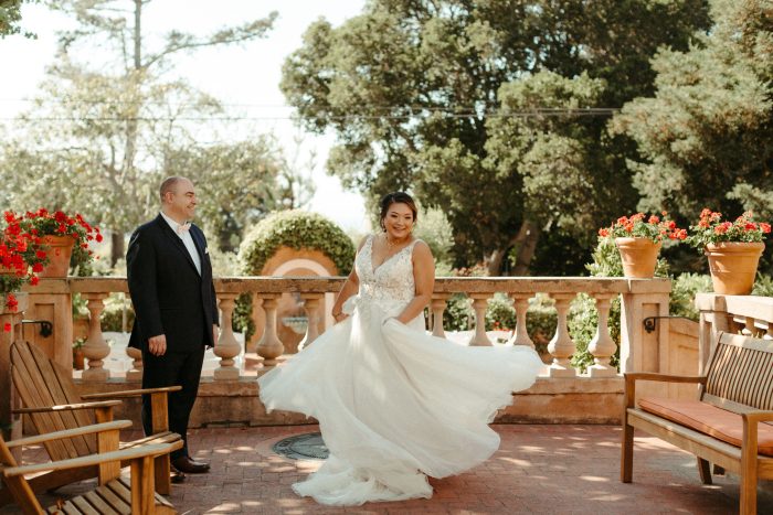 Bride In Flowy Wedding Dress Called Minerva By Rebecca Ingram
