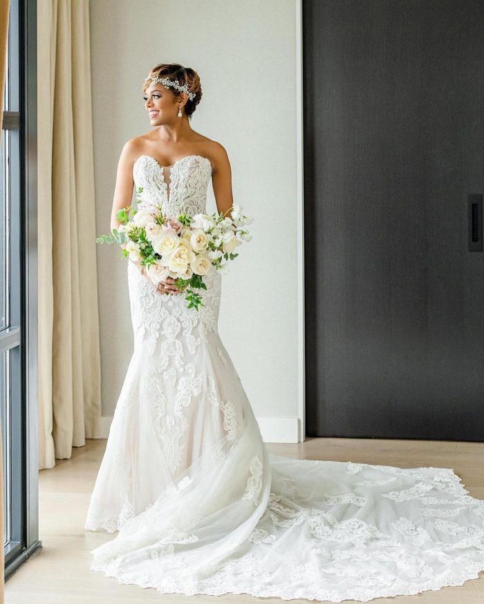 Real Bride wearing Alistaire Lace fit and flare wedding dress by Maggie Sottero