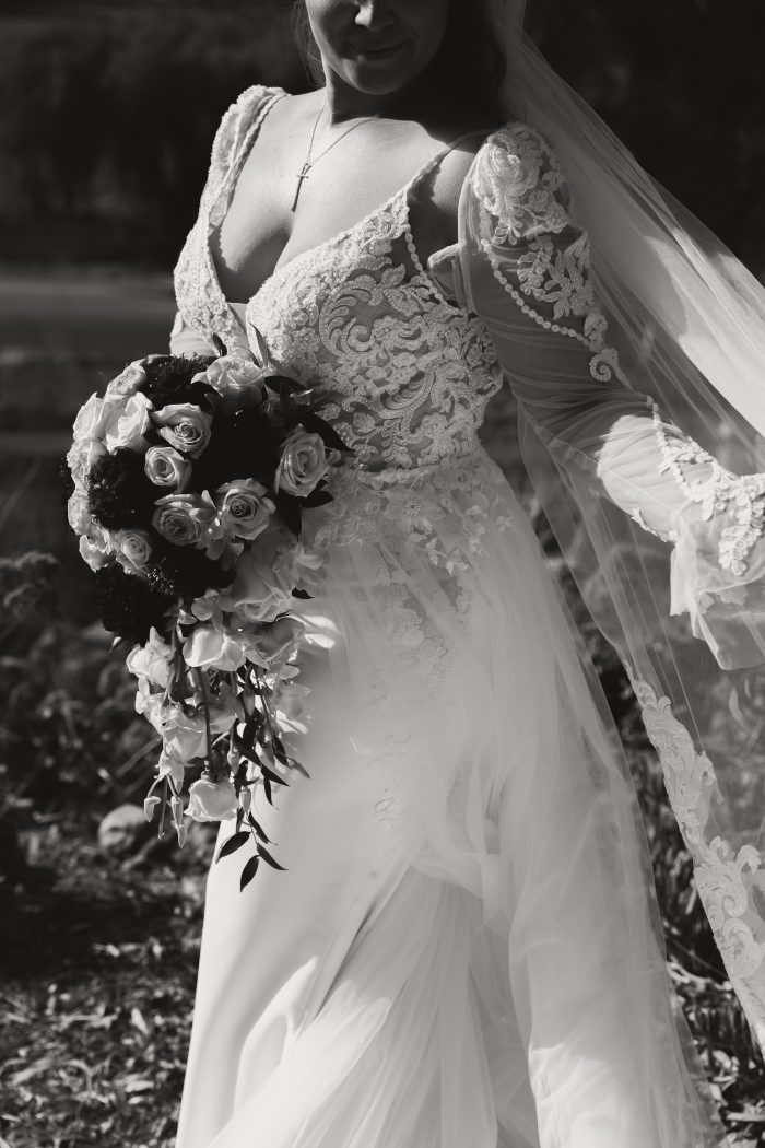 Bride In Crepe Wedding Dress With Detachable Sleeves Called Nikki By Maggie Sottero