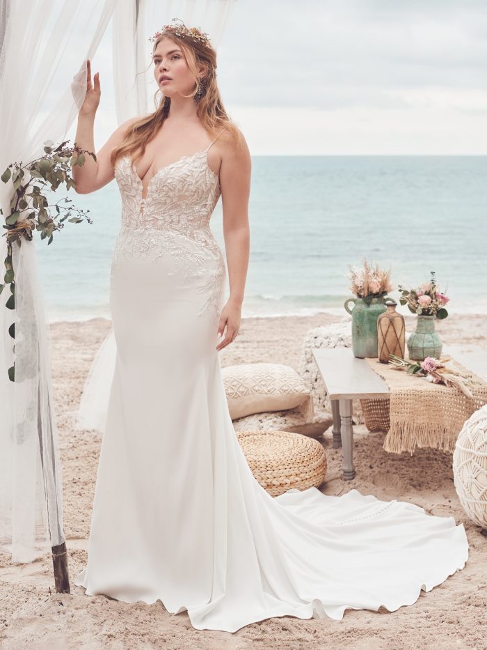 Bride Wearing Affordable Crepe Sheath Wedding Dress Called Alda by Rebecca Ingram