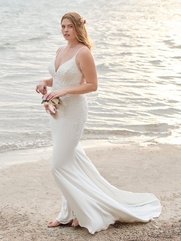 Bride In Plus Size Crepe Wedding Dress Called Carmen Lynette By Rebecca Ingram