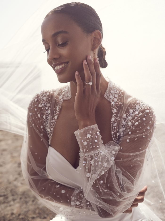 Bride In Strapless Wedding Dress With Crystal Wedding Jacket Called Clover By Rebecca Ingram