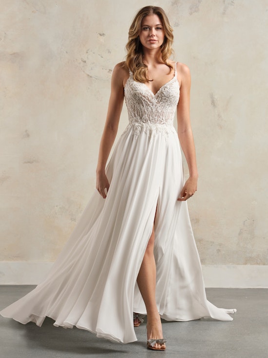 Bride wearing A-line wedding dress Kitt by Rebecca Ingram