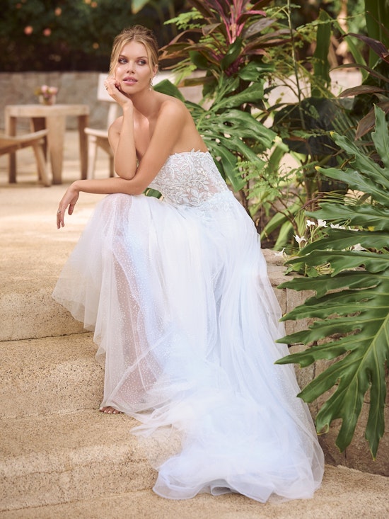 Bride wearing Marigold colorful wedding dress by Rebecca Ingram