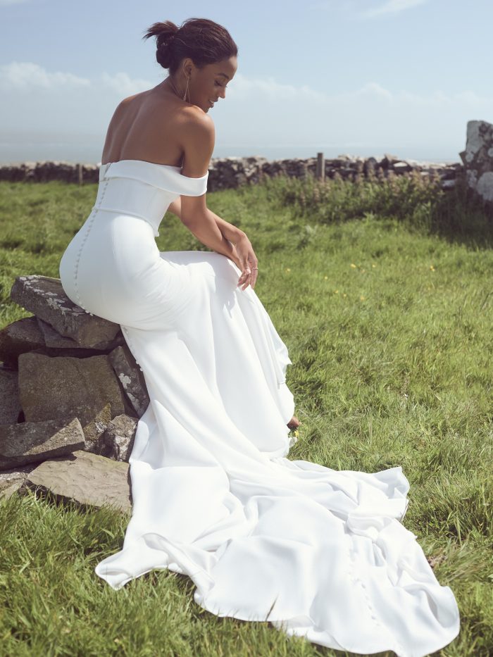 Bride Wearing Crepe Wedding Dress Called Moriah By Rebecca Ingram