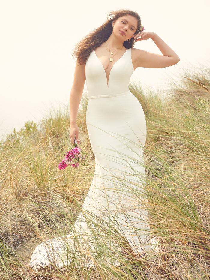 Bride Wearing Sheath Wedding Dress Called Theodora by Rebecca Ingram