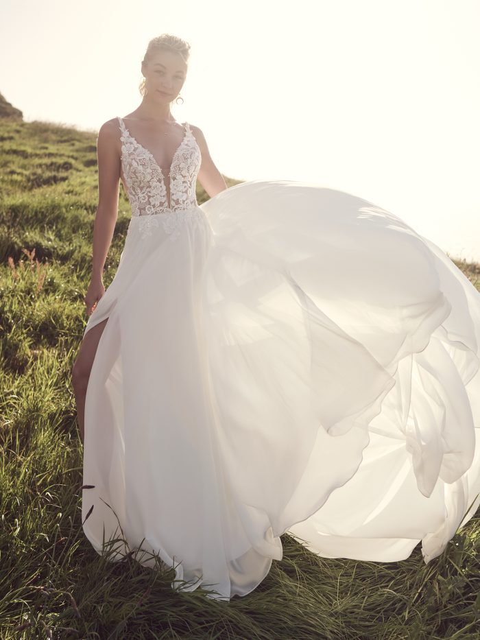 Bride In Chiffon Wedding Dress Called Tierney By Rebecca Ingram