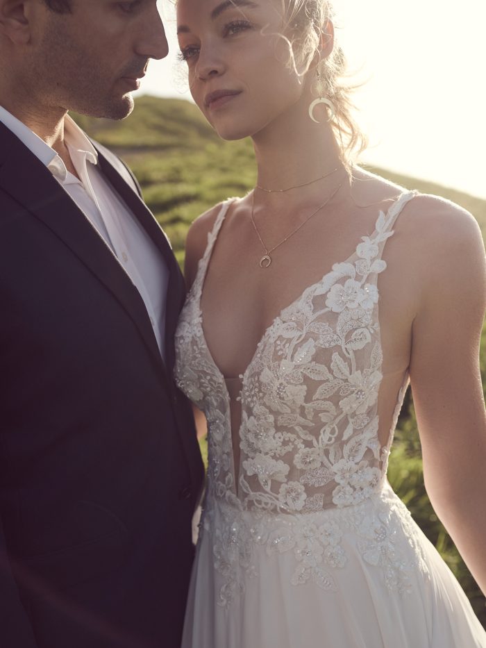 Bride In Chiffon Wedding Dress Called Tierney By Rebecca Ingram