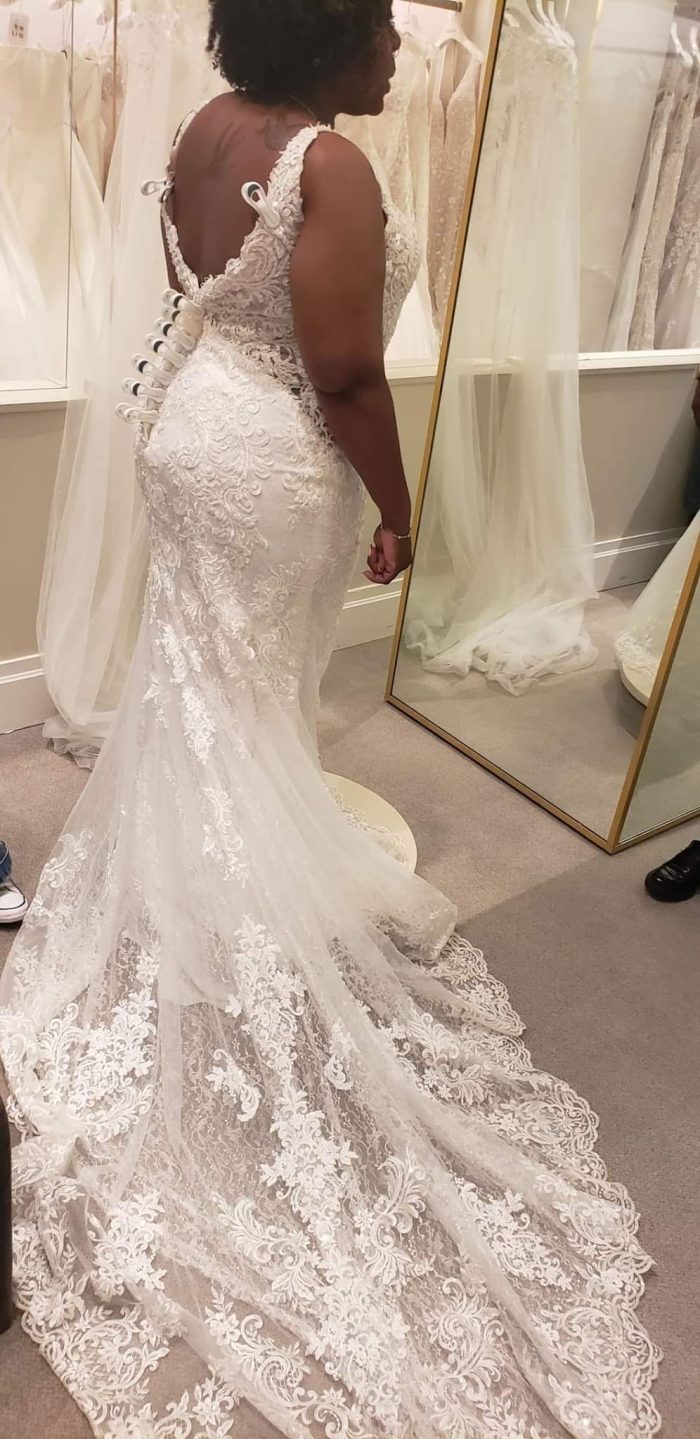 Bride In Kleinfelds Trying On Lace Wedding Dress Called Tuscany Royale By Maggie Sottero