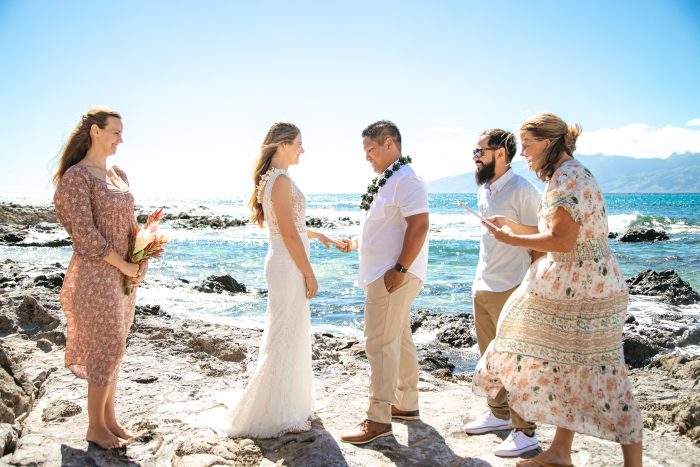 Bride Wearing Casual Beach Wedding Dress Getting Married to Groom