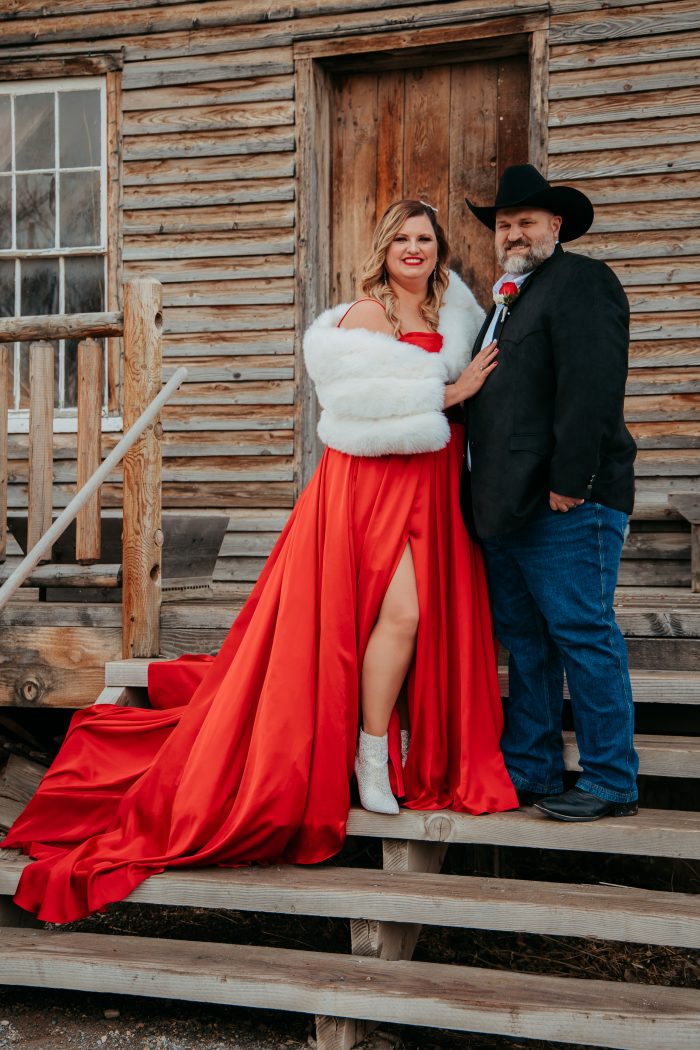 Bride In Valentines Day Dresses Called Scarlet By Maggie Sottero With Sparkly Boots, Fur Shawl, And Groom