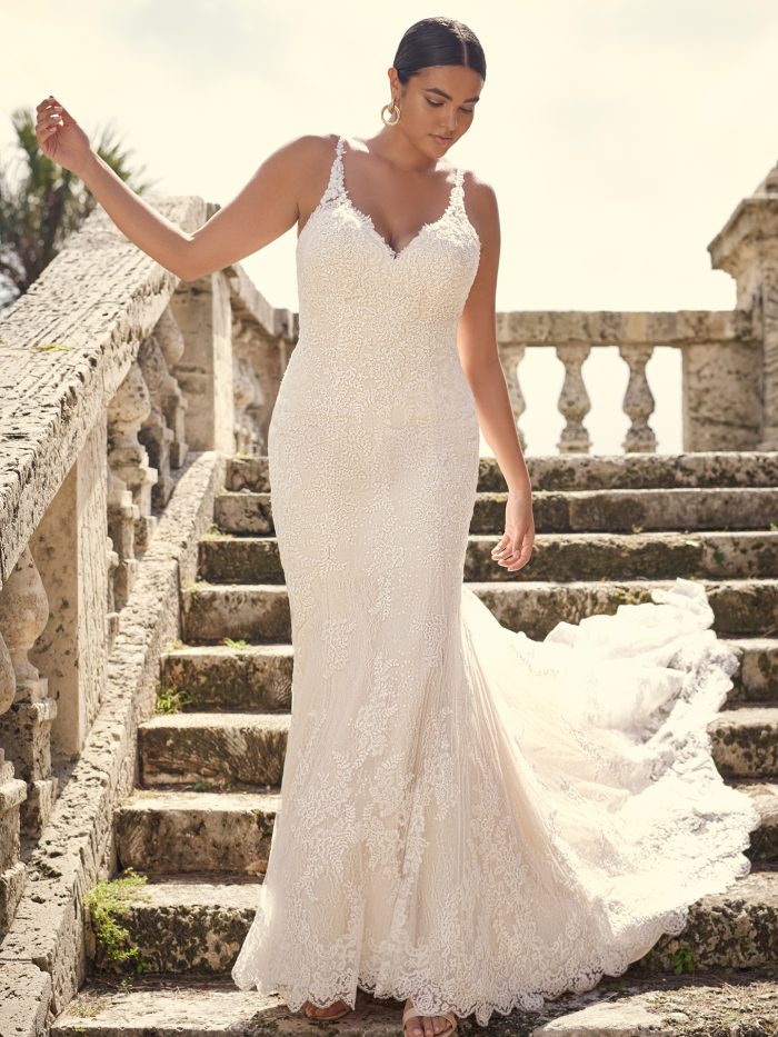 Bride Wearing Lace Sheath Plus-Size Wedding Dress Called Dublin Lynette by Sottero and Midgley