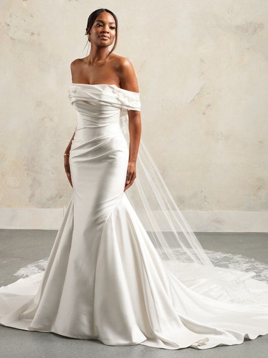 Bride wearing Giselle Detachable Shoulder Wrap with Train