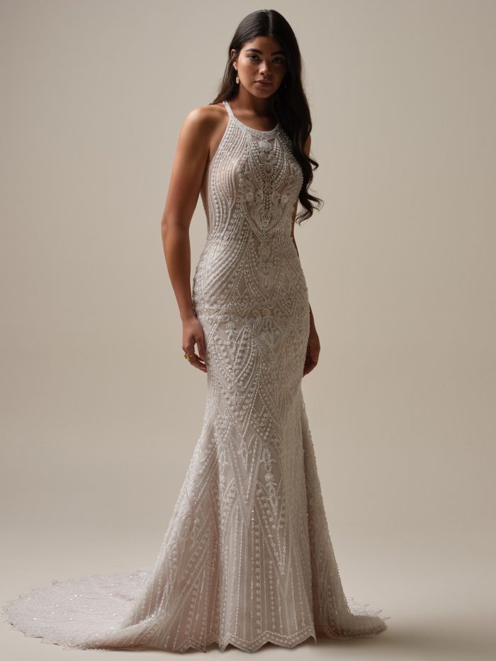 Bride wearing high neck sparkly sheath wedding dress