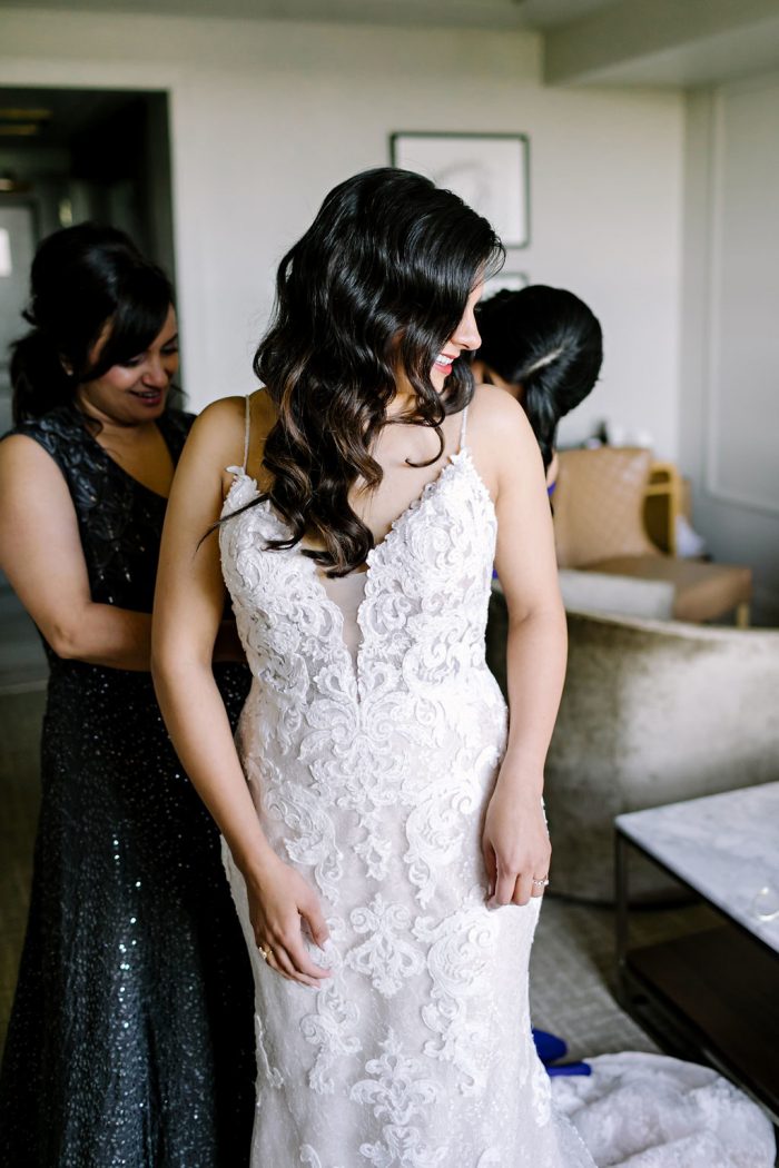Real Bride Wearing Lace Sheath Wedding Gown Called Tuscany Lynette by Maggie Sottero