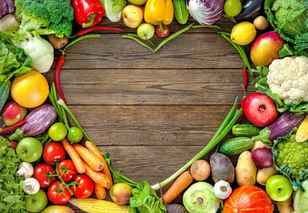 Fruit and vegetables in the shape of a heart 