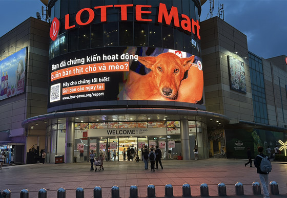 Billboard ad about the dog and cat meat trade infront of a cinema in Vietnam